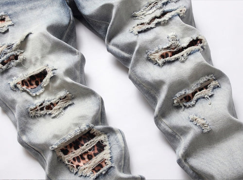25 Edition – Men’s Slim Fit Ripped Jeans with Light-Wash & Patchwork
