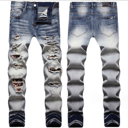 25 Edition – Men’s Slim Fit Ripped Jeans with Light-Wash & Patchwork