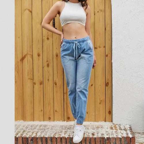 Elastic Waistband High Waist Jeans – Korean-Inspired Skinny Fit