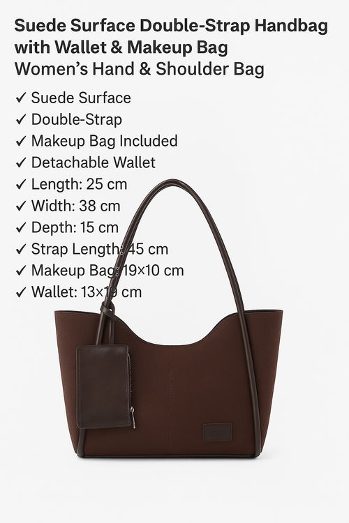 Brown suede SHK108 women hand and shoulder bag with wallet and makeup