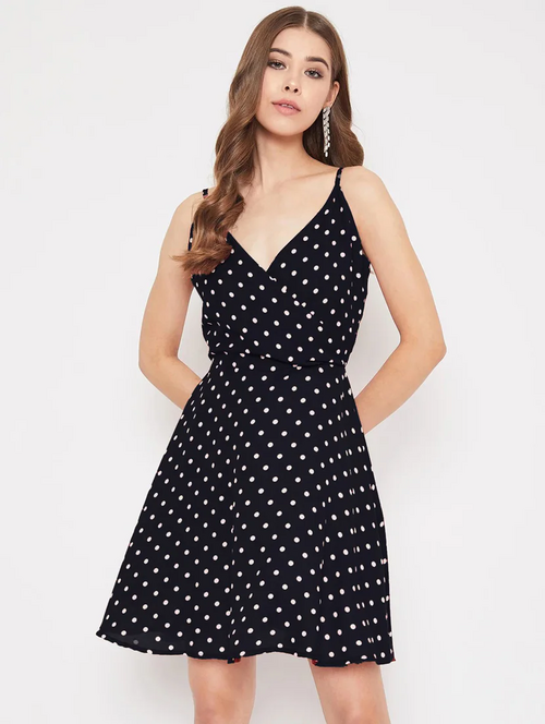 Women V Neck Polka Dots Printed A-Line Dress (Size-L) (Color-BLACK)