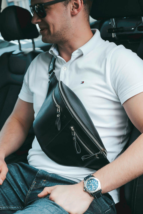 Men Leather Fanny Pack for Jogging, Engraved Banana Bag