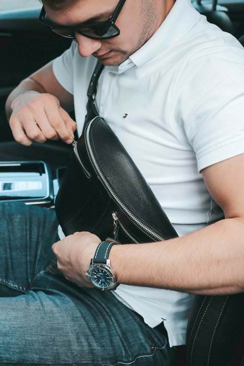Men Leather Fanny Pack for Jogging, Engraved Banana Bag
