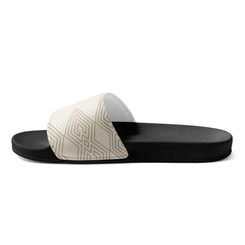 Mens Slide Sandals - Beige and White Tribal Geometric Aztec Print