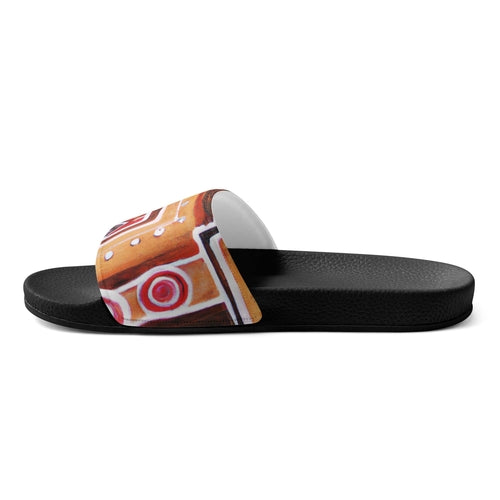 Mens Slide Sandals - Brown Orange Green Aztec Pattern