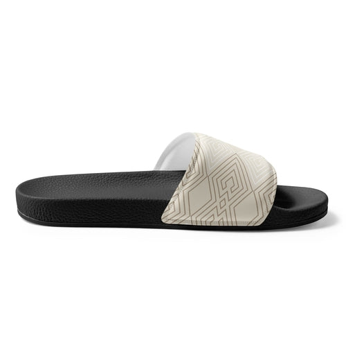 Mens Slide Sandals - Beige and White Tribal Geometric Aztec Print