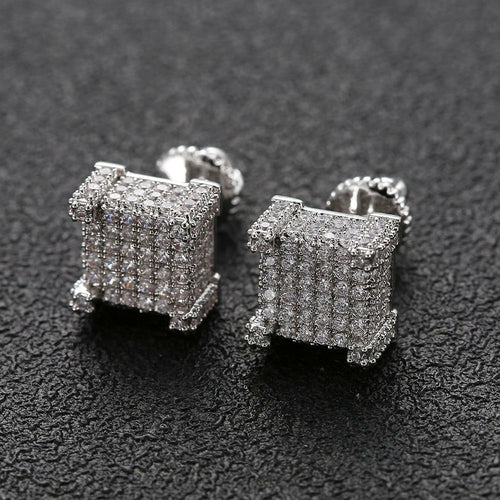 Hip Hop Earrings for Men Gold Silver Iced Out CZ Square Stud Earring